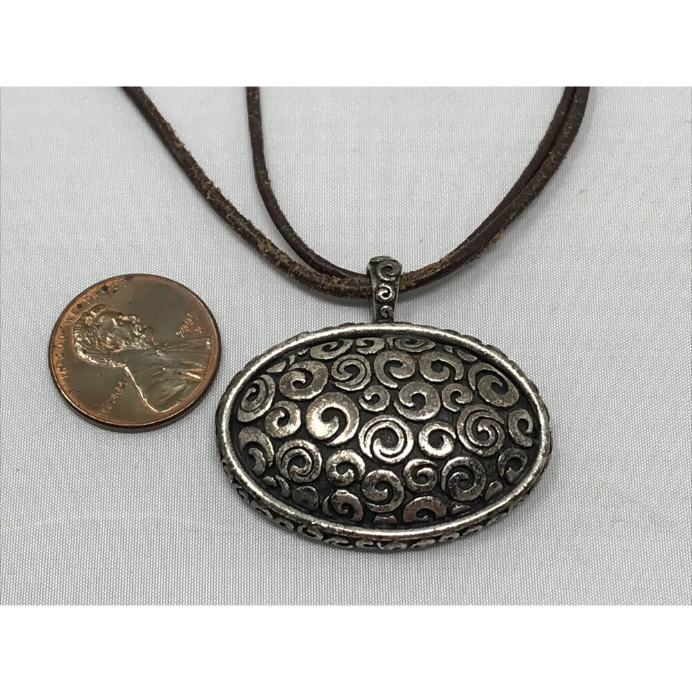 CHICO'S Necklace Oval Pendant Textured Metal Brown Leather Cord